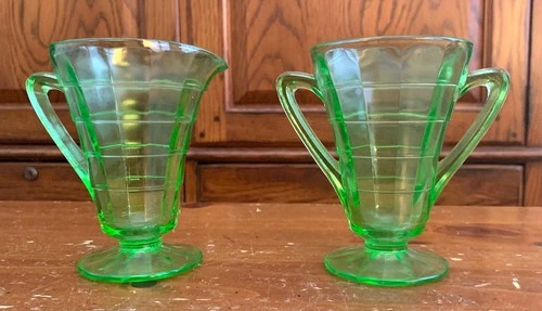 Vintage Art Deco Green Block Optic Depression Glass Footed Creamer & Sugar Bowl