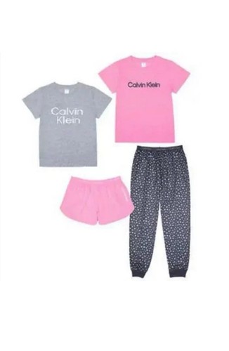 Calvin Klein Sleep Pajama Set Youth large 14/16 Girls 4 Piece Pink/Charcoal New