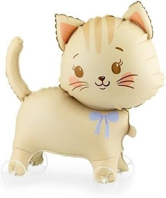 Folienballon Katze auf Rollen, hellbeige, 61x65 cm, mit Strohhalm und Band, Luft