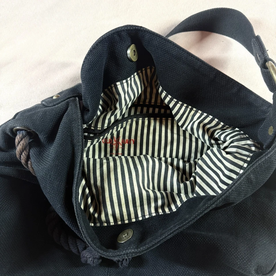 Antiguo Bolso de Hombro Hobo de Lona de Algodón Azul Marino Oscuro Bolso de Playa Bolsillo Interior Foto 4 de 4