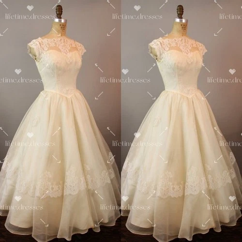 Vintage Wedding Dresses 1960s Short Sleees Tea Length Corset Bridal Gowns