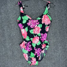 VTG ROSE MARIE REID Black Floral Tropical One Piece High Cut SWIMSUIT Size 10