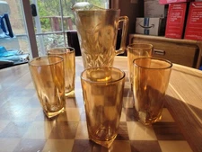 Vintage MCM Jeannette Marigold Carnival Glass Pitcher & Glass Set 6 Total Pcs