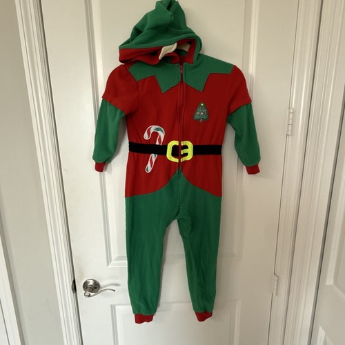 Cat & Jack Christmas Elf PJs Costume Union Suit Hood with Ears Size 6 Romper