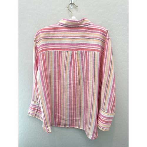 CHICO’S | Multicolor Pink Striped 100% Linen Long Sleeve Button Front Top | 16 - Picture 5 of 7