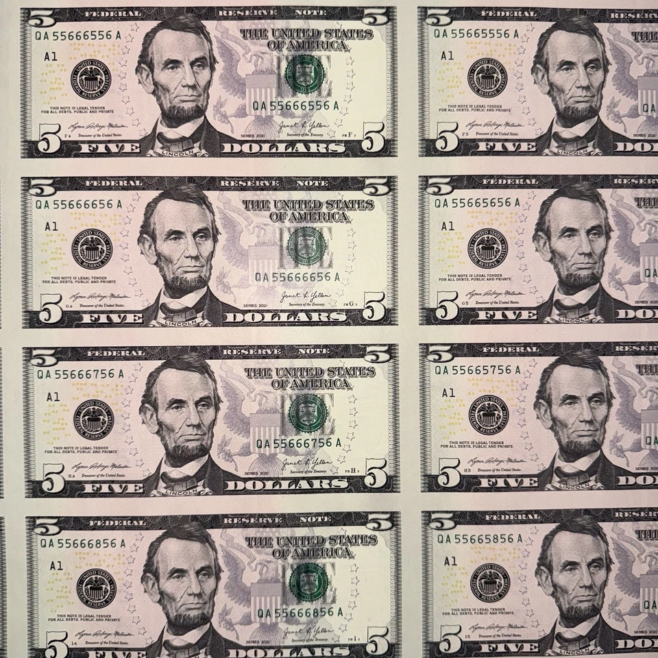 FANCY $5 Five Dollar Bills Uncut Currency Sheet of 50 Notes Leaf 2021 - $250 FV - Image 2 of 4