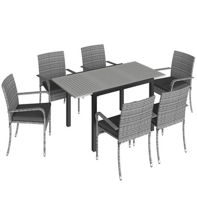 7-teiliges Rattan Gartenmöbel Set, 6-Sitzer Gartentisch und 6 Stapelstuhl