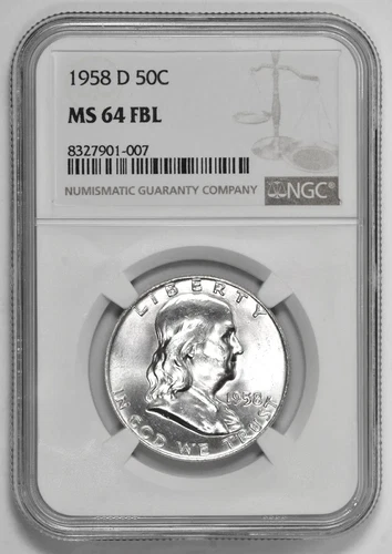 1958-D FRANKLIN SILVER HALF DOLLAR *NGC GRADED MS 64 FBL* SCARCE! FREE SHIPPING!