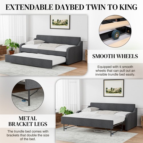 82" Upholstered Twin Size Daybed with Pop Up Trundle to King Day Bed w/USB Port - Picture 37 of 68