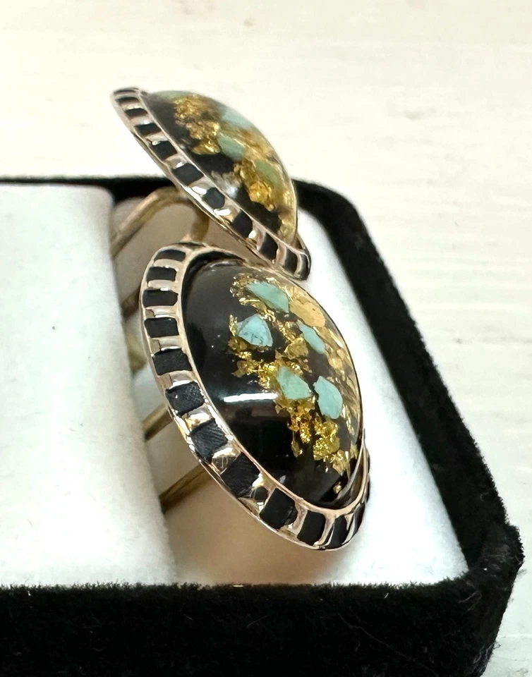 VINTAGE HICKOK STERLING SILVER GOLD VERMEIL LUCITE GOLD FLECK OVAL CUFFLINKS Lg - Image 3 of 4