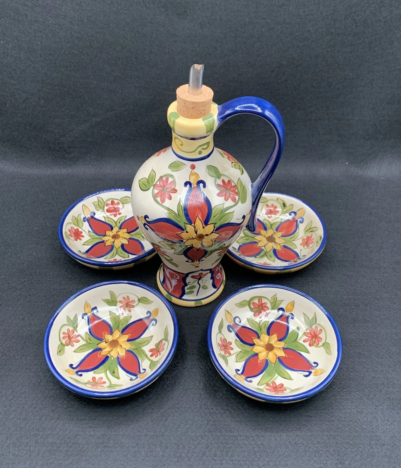 Pier 1 Vallarta Oil Jar & Drizzler Set with 4 Bread Dipping Bowls New w/o Box