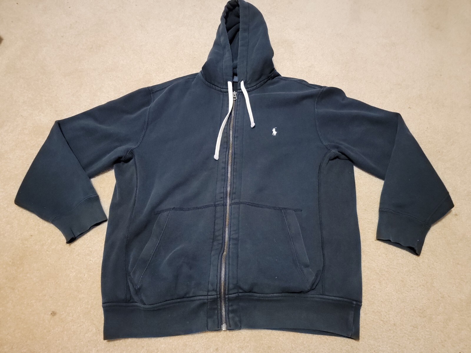 Polo Ralph Lauren felpa con cappuccio blu uomo XLT full zip pile manica lunga bianco pony