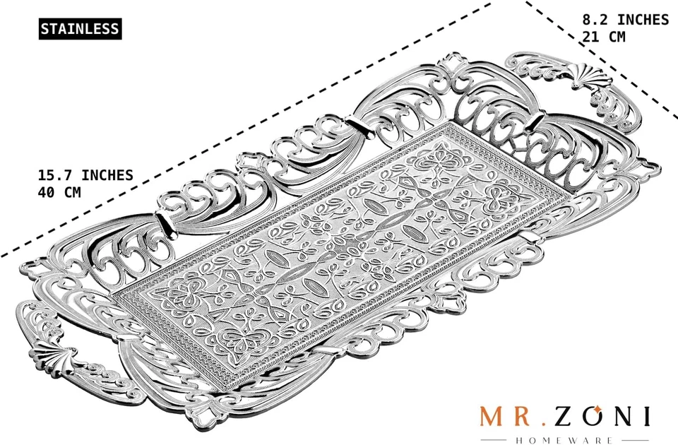 Турецкий чай кофе сервировочный поднос с ручками османский декоративный (серебристый) - Изображение 3 из 4