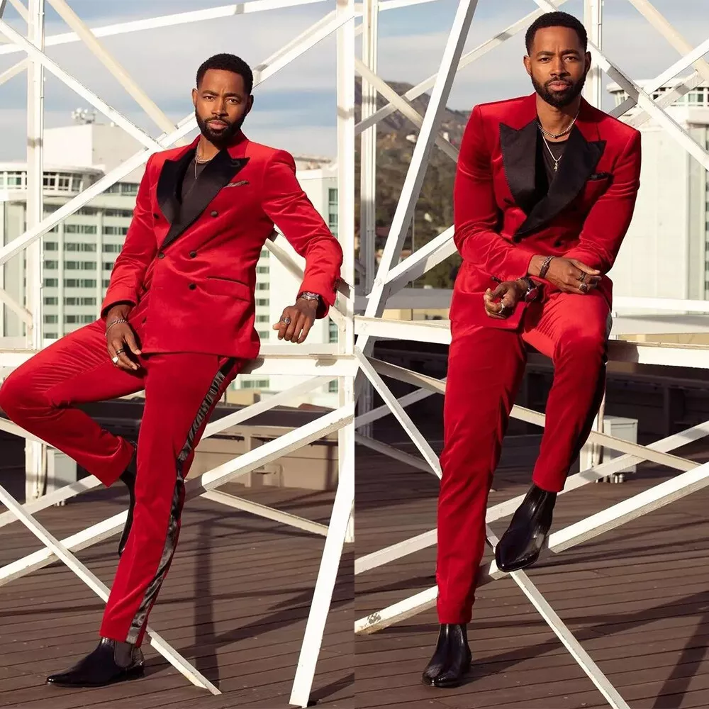 Men Red Velvet Suits Wedding Groom Blazer with Pant Bridegroom Slim Fit 2  Pieces