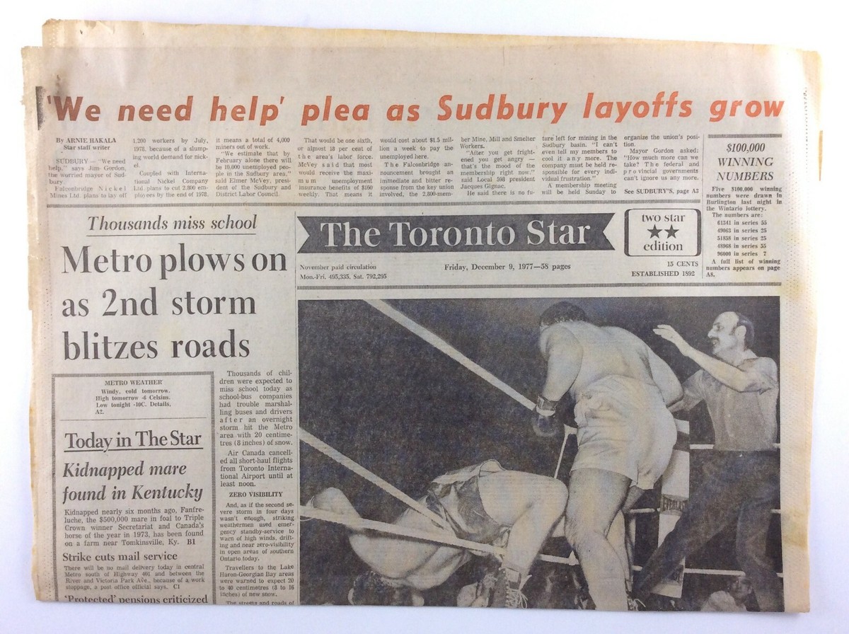 Sudbury Layoffs December 1977 Toronto Star Front Page Newspaper
