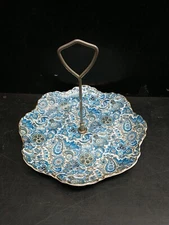 Vtg Floral Blue Paisley 8.25" Tidbit Tray carrying handle candy dish plate gold