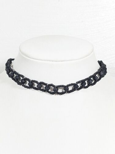 Black Frosted Bead Woven Style Choker Necklace Goth Retro 15 in