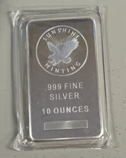 10 oz. Silver Sunshine Mint bullion Bar .999 Fine Silver