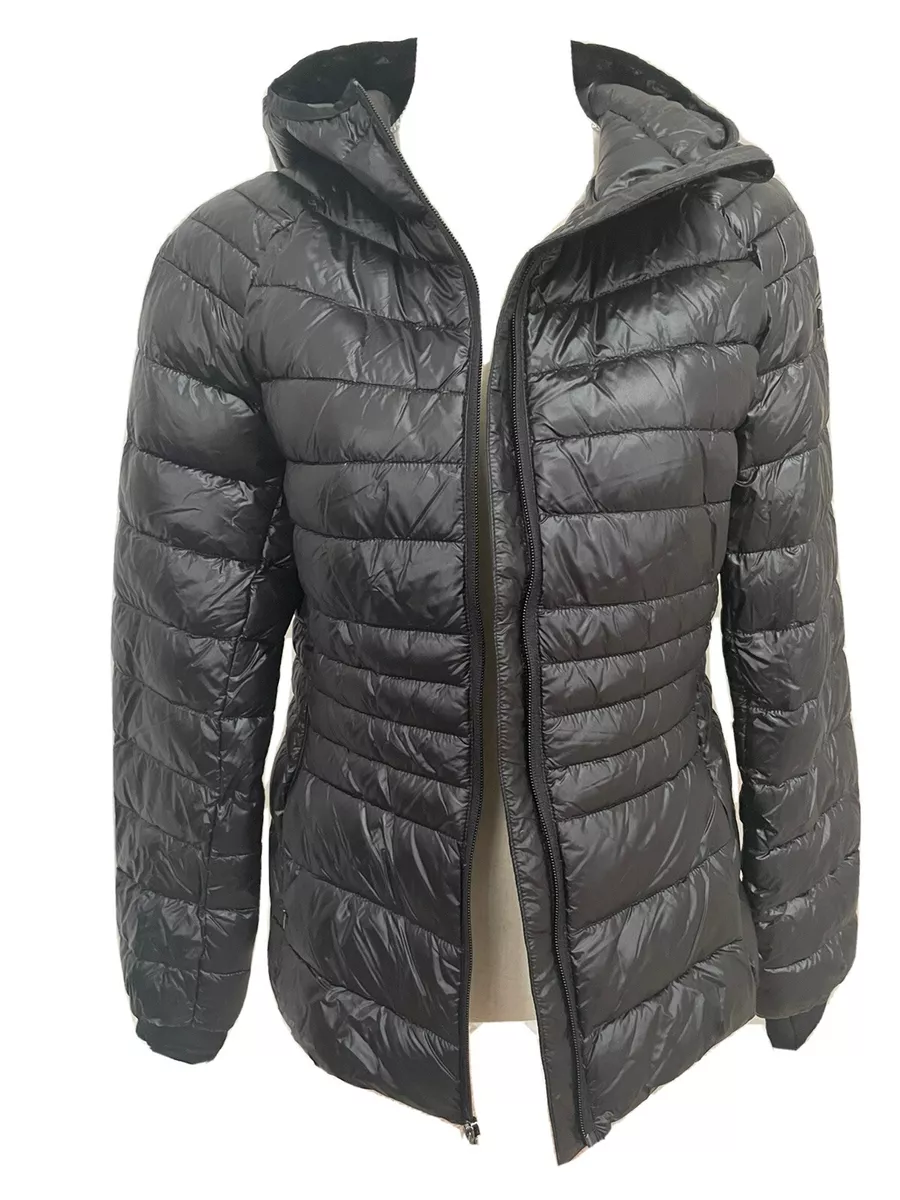 BCBG MAXAZRIA PACKABLE PREMIUM DOWN BLACK HOODED PUFFER JACKET WOMEN S M 398