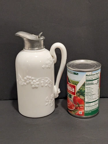 Rare Antique Milk Glass Syrup Pitcher Super Applied Handle & Pewter Spout 1867