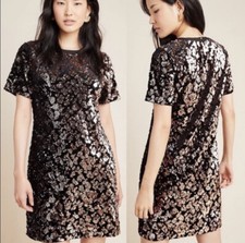 Anthropologie Andi Sequined Velvet Tee Dress  Shift XS Ro & De Black Sequin