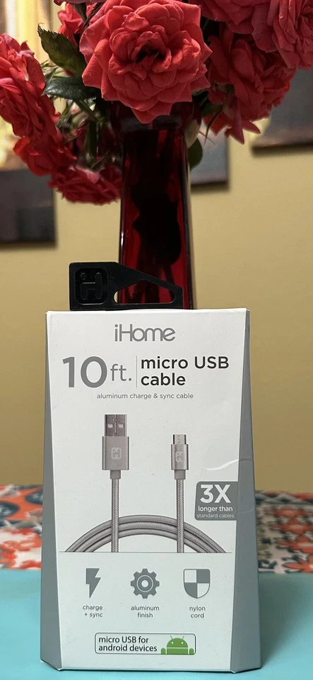 iHome Nylon, Aluminum Charge & Sync Micro-USB 10ft Gray Cable, New Sealed - Image 4 of 4