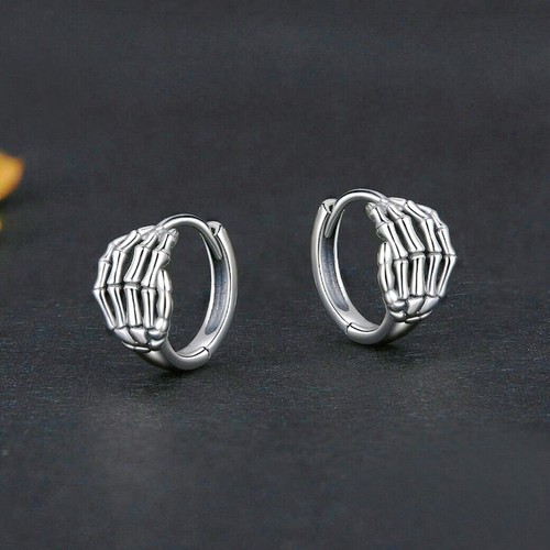 Biker Men Women Sterling Silver Skeleton Hand Hoop Hinged Huggie Earrings A4532 - Picture 1 of 9