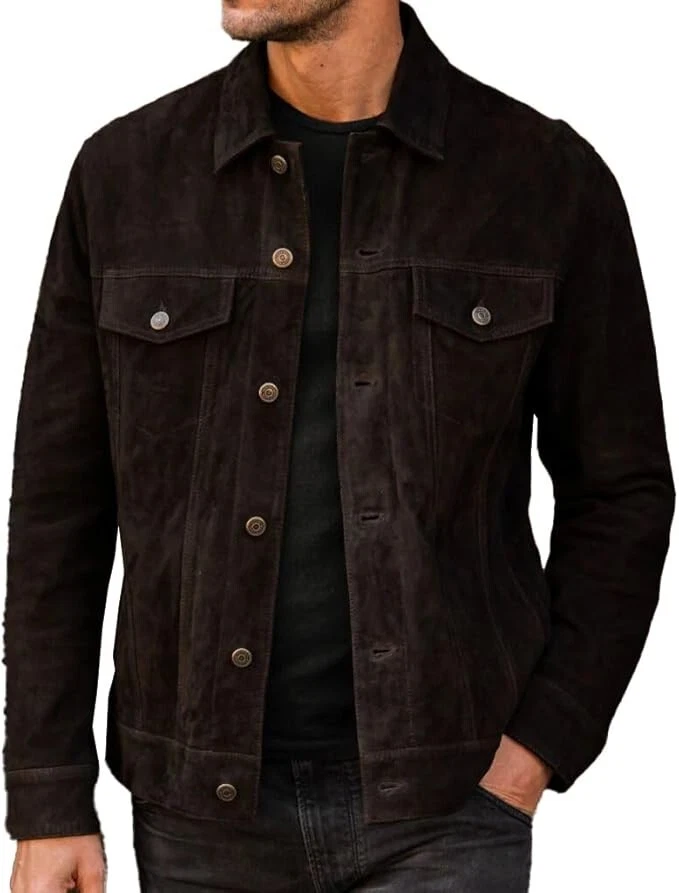 Men's Suede Leather Jacket Trucker Style Real Suede Leather Shirt Jacket Brown