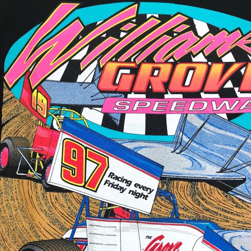 vtg 90s WILLIAMS GROVE SPRINT CAR RACING 2-SIDED T-Shirt XS/S mechanicsburg pa