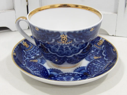 Lg. Vintage Lomonosov Russia Porcelain Cobalt Blue & Gold Cup & Saucer~Signed