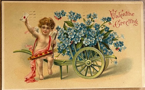 Valentines Day Cupid with Mail Antique Postcard c1910