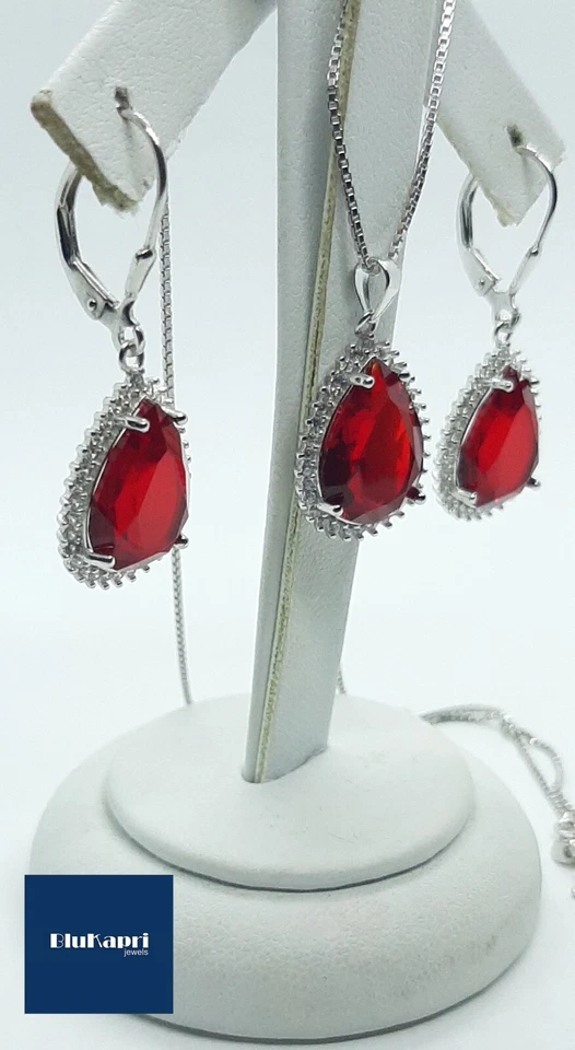 SET DONNA ORECCHINI  CIONDOLO E COLLANA  IN ARGENTO 925 STERLING ZIRCONI RUBINO - Immagine 3 di 4