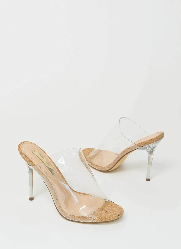 Clear Cork Open Toe Mules Slip On Transparent Perspex PVC High