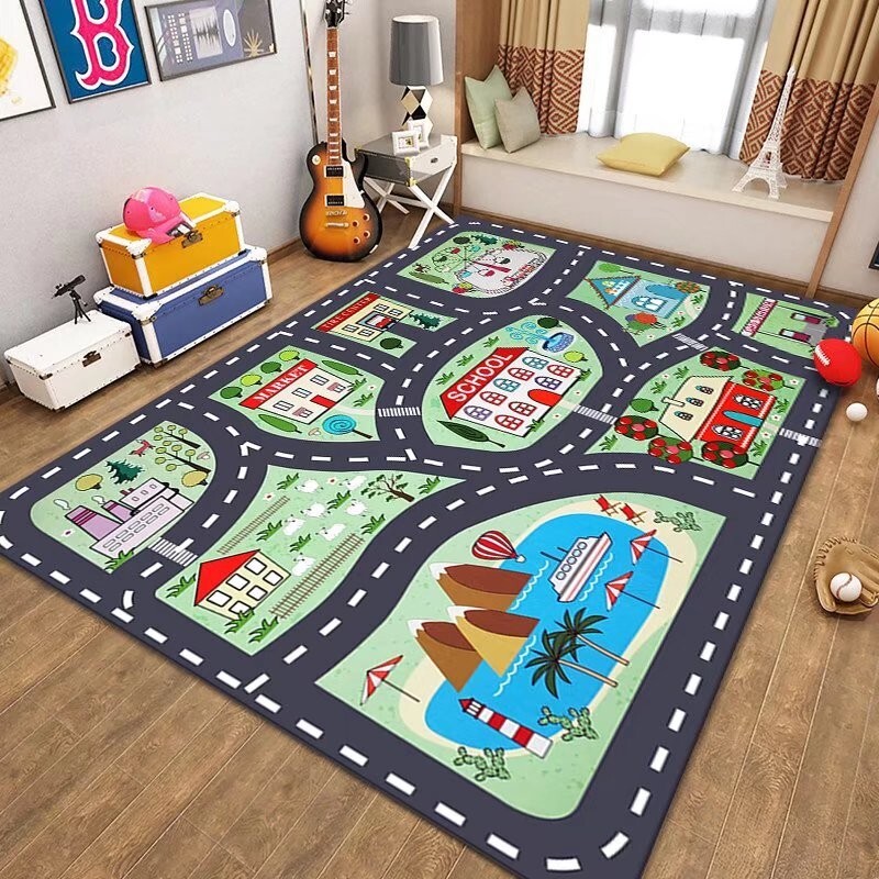 Children's Floor Mats Play Thick Flannel Rug CITY ROAD Car Baby Kids