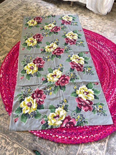 Vtg 1940's Berry Rose Yellow Floral Fabric Gray Background 3.6 Yards Linen Cottn - Picture 2 of 14
