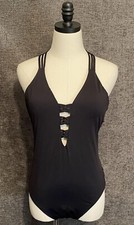 Bar III Women's Sunset Solids Strappy Plunge One Piece Swimsuit Black Medium New