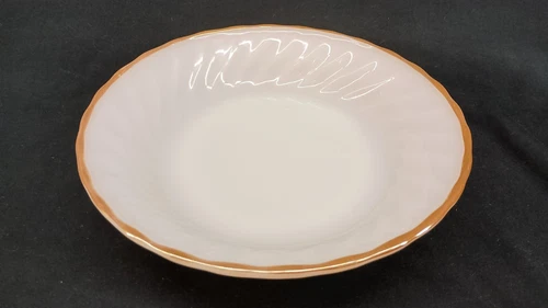 Vintage Anchor Hocking 7.5” Salad Bowl Swirl Milk Glass Gold Trim Oven Proof