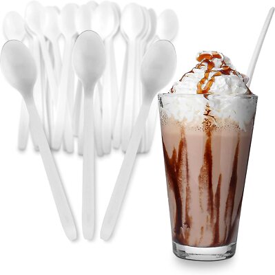MT Products White Long Handle Plastic Disposable Soda Sundae Spoons - Pack of 50
