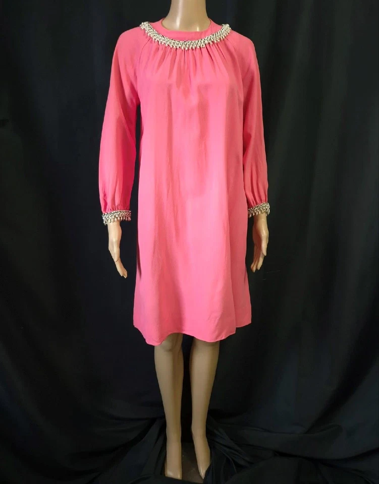 BEADED BUBBLEGUM BABYDOLL Vintage 1960s MOD PINK A-line PARTY DRESS - M - Image 2 of 4
