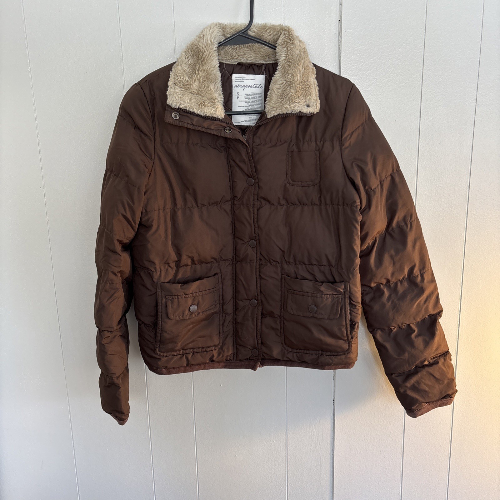 Y2K Aeropostale Brown Puffer Jacket Faux Fur Collar Sm/Petite Brown Polyester