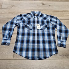 Ely Cattleman Pearl Snap Shirt Long Sleeve Mens L Blue Gray Plaid Rodeo Cowboy