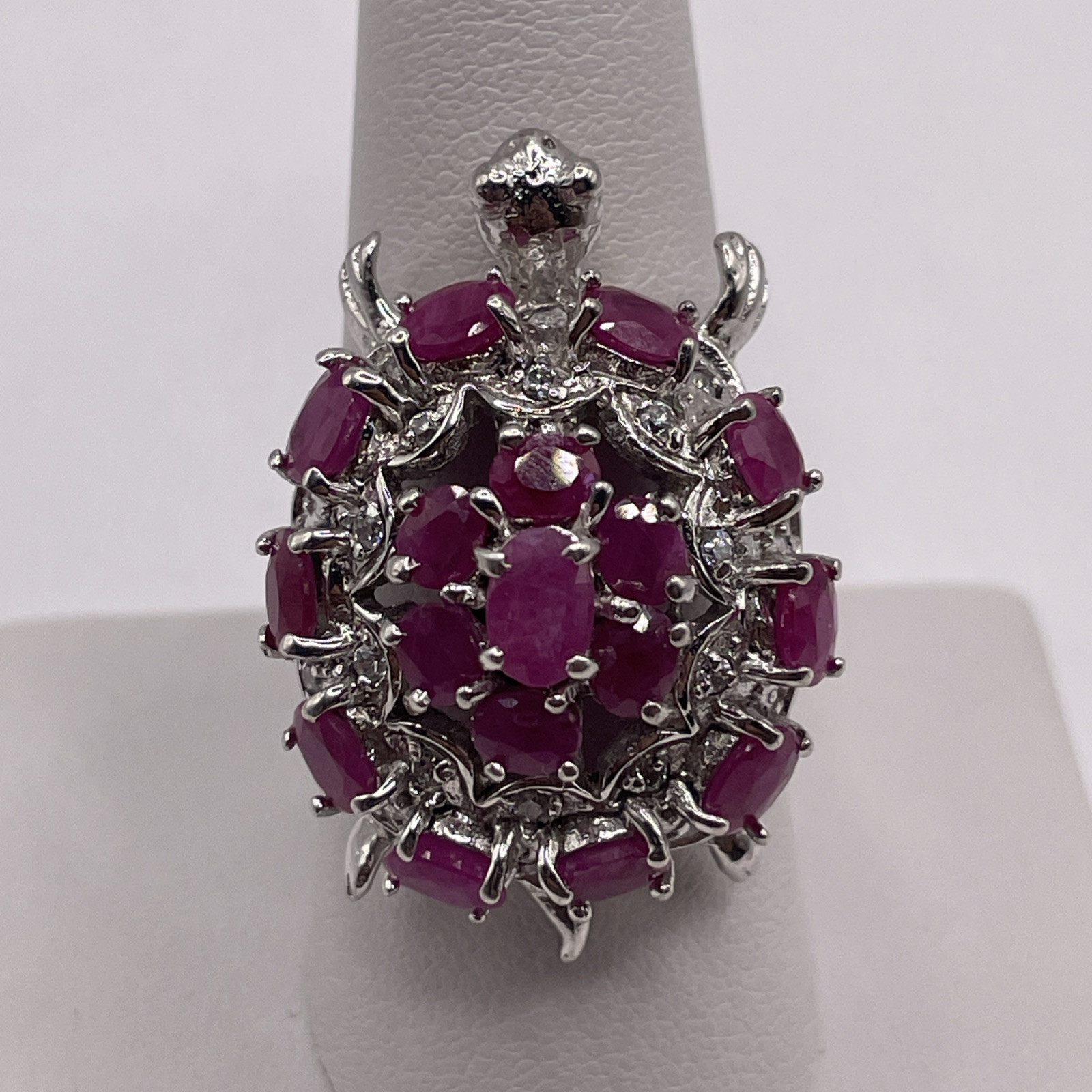 Sterling Silver Turtle Design Ruby Cluster Set Ri… - image 1