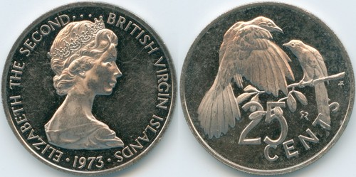 British Virgin Islands 1973 FM PROOF 25 Cents KM# 4 Cu-Ni Elizabeth II Cuckoo