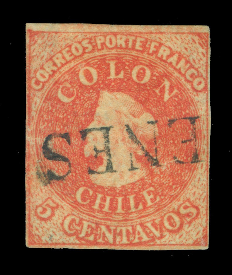 CHILE 1862 COLUMBUS - Estancos - 5c carmine red Sc# 9a used VF+ "cauquENES" cxl
