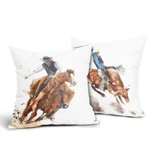 Cowboy Riding Horse Pillow Cover Set of 2 Western Rodeo Cotton Linen Polyeste...