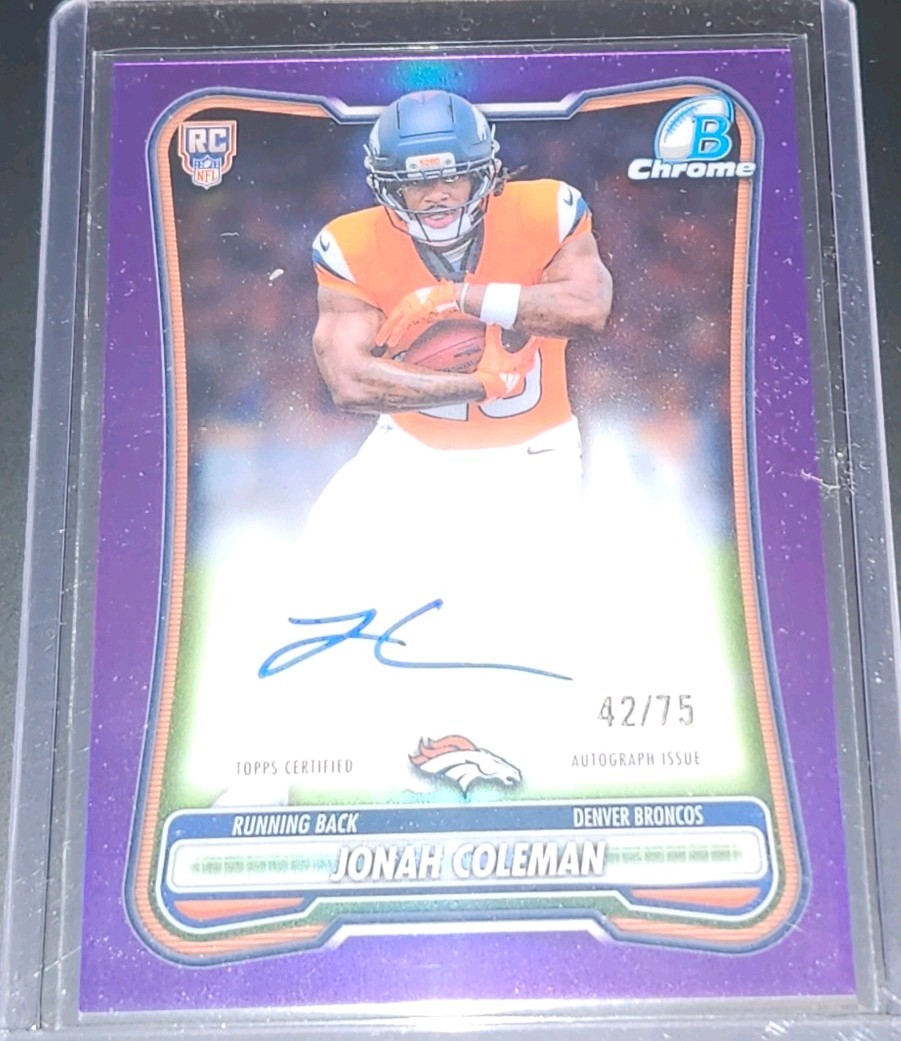 2026 Bowman Jonah Coleman Chrome Auto Purple Refractor 28/75 On-Card RC Broncos