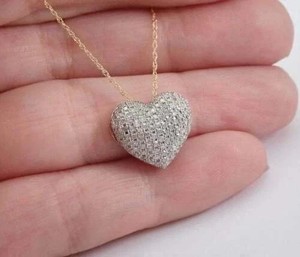 Authentic 2CTW Real Moissanite 14K Two Tone Gold Plated Heart Puffy Pendant Free 18" Chain