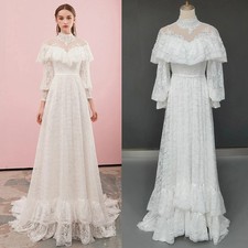 Boho High Neck Wedding Dresses Long Sleeves Tiered Lace Appliques Bridal Gowns