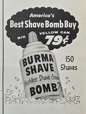 Burma Shave Brushless Shave Cream  Bomb Big Yellow Can Vintage Print Ad 1957