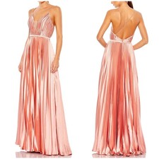 Mac Duggal NWT Plunge Neck Satin Pleated Evening Gown Pink Rose Gold Size 16